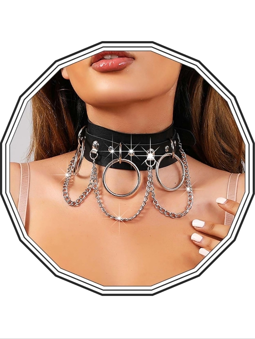 Black Faux Leather Choker with Silver Rings & Chains